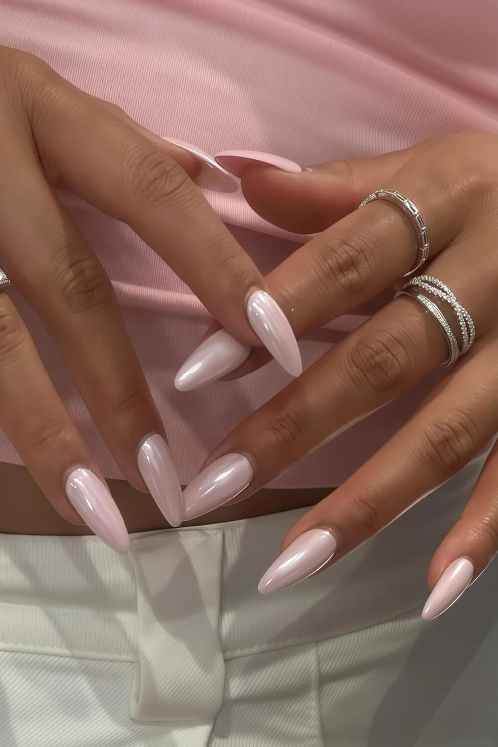 Solid Medium Almond Press On Fake Nails-Baby Pink