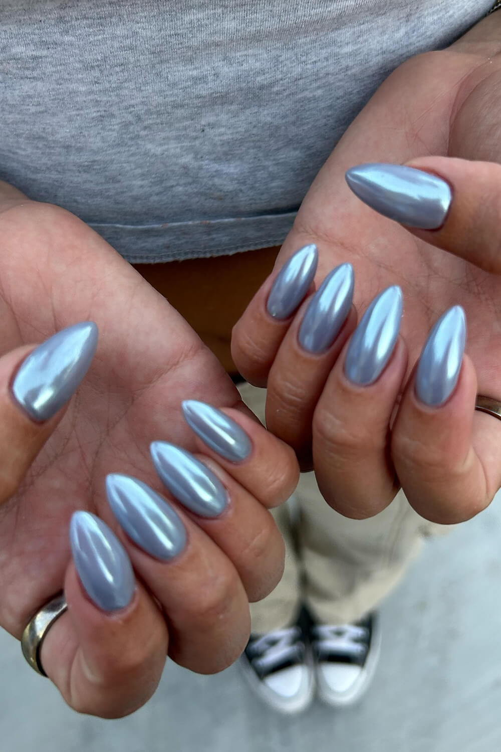 Solid Medium Almond Press On Fake Nails-Baby Blue