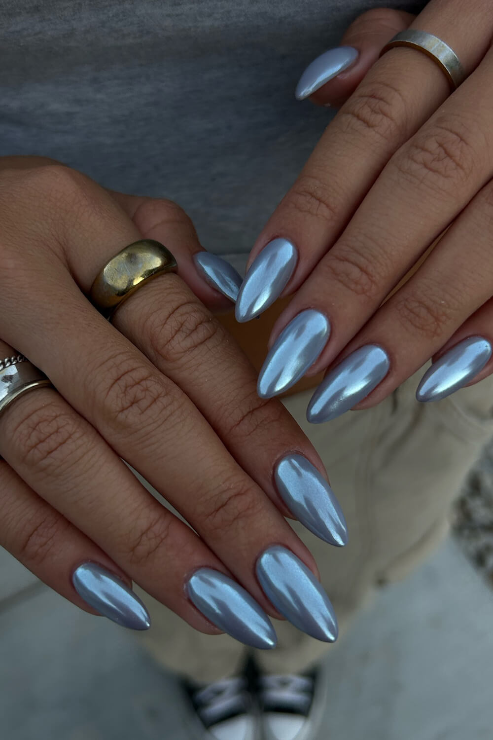 Solid Medium Almond Press On Fake Nails-Baby Blue