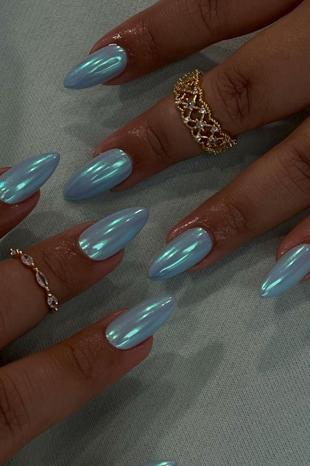 Solid Medium Almond Press On Fake Nails-Baby Blue