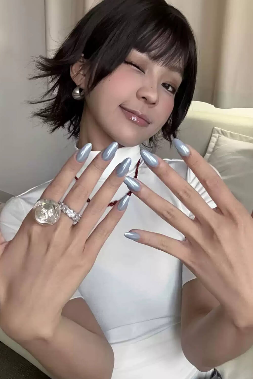 Solid Medium Almond Press On Fake Nails-Baby Blue