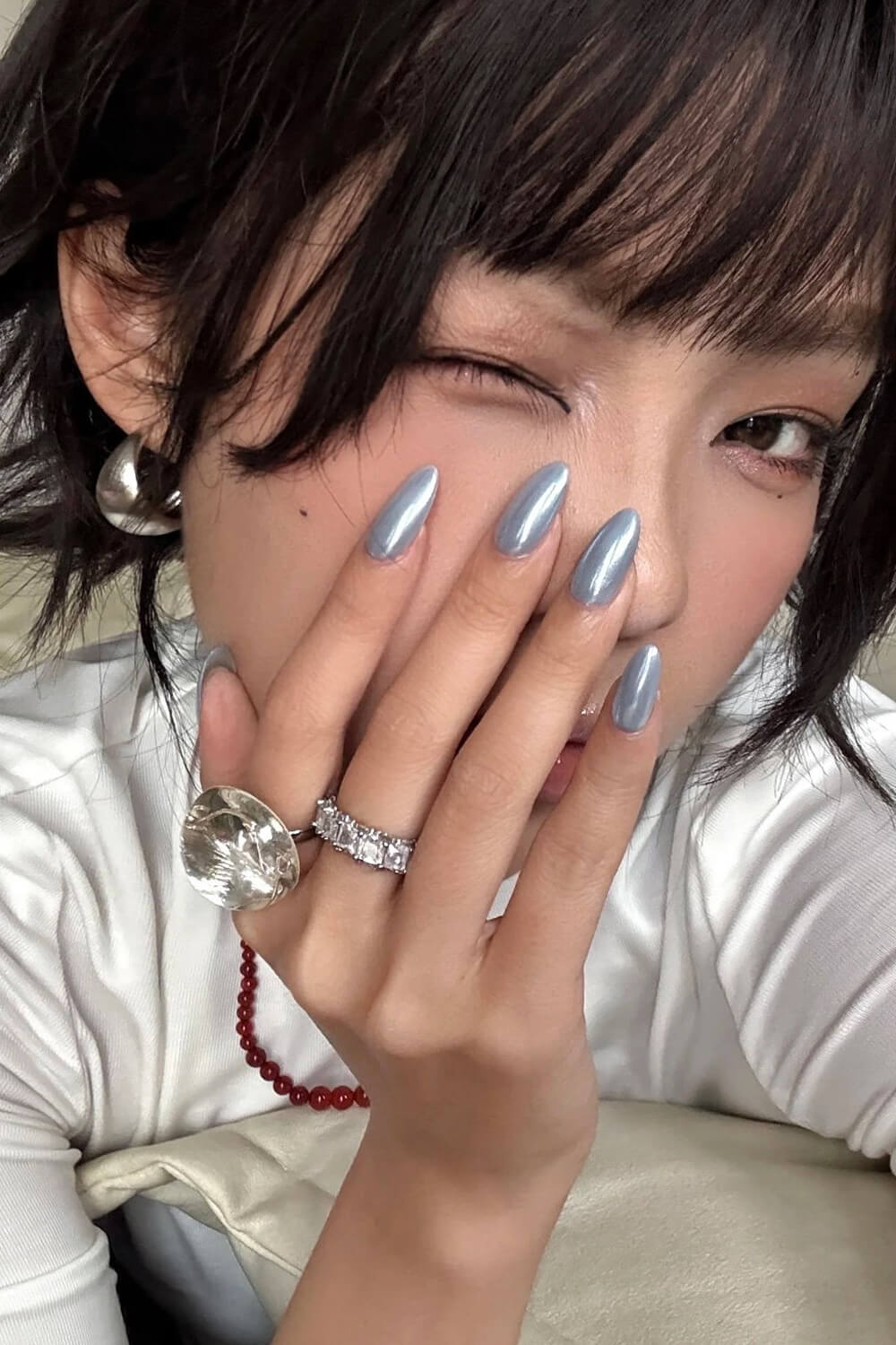 Solid Medium Almond Press On Fake Nails-Baby Blue