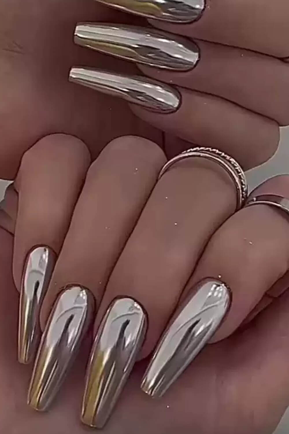 Chrome Long Coffin Press On Fake Nails