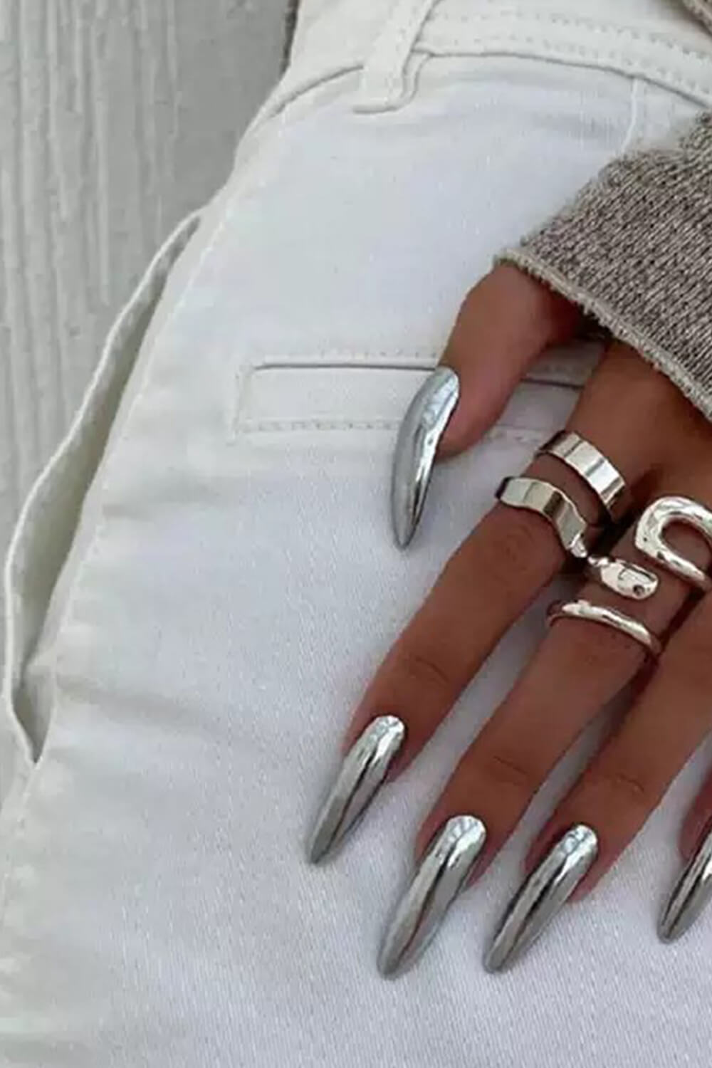 Chrome Long Almond Press On Fake Nails