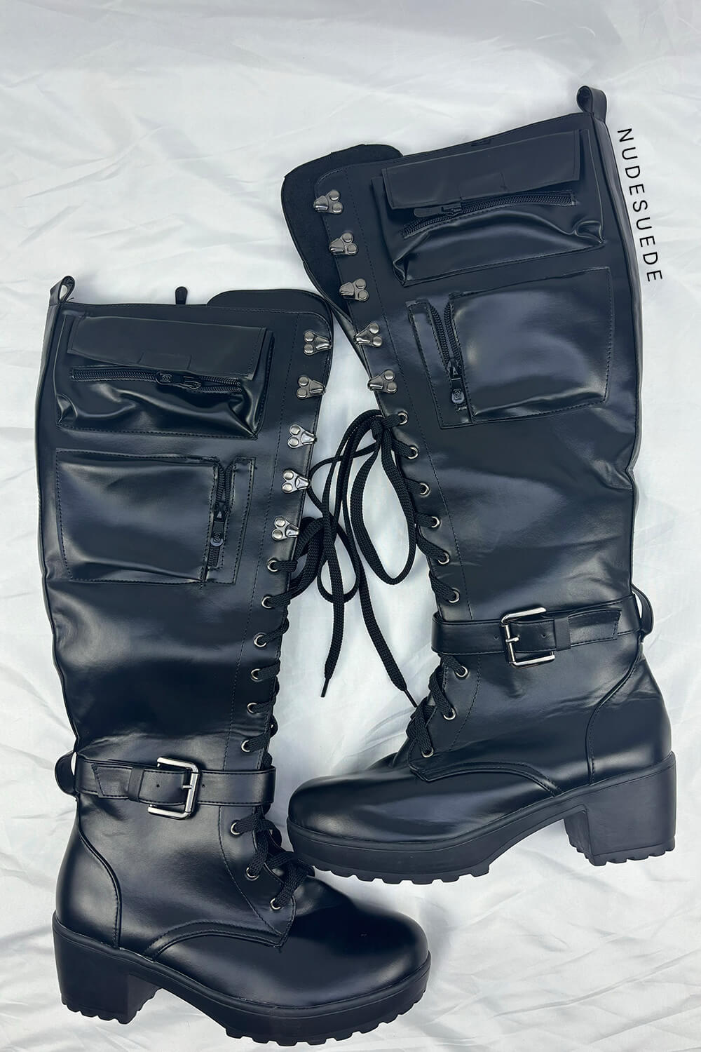 Black Lace Up Pocket Detail Chunky Knee High Combat Boots
