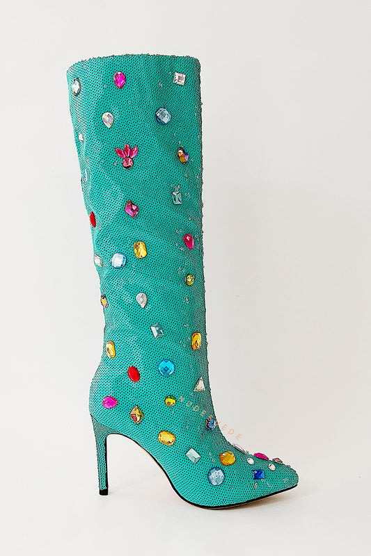 Green Sequined Pointed Toe Stiletto Heel Over The Knee Boots
