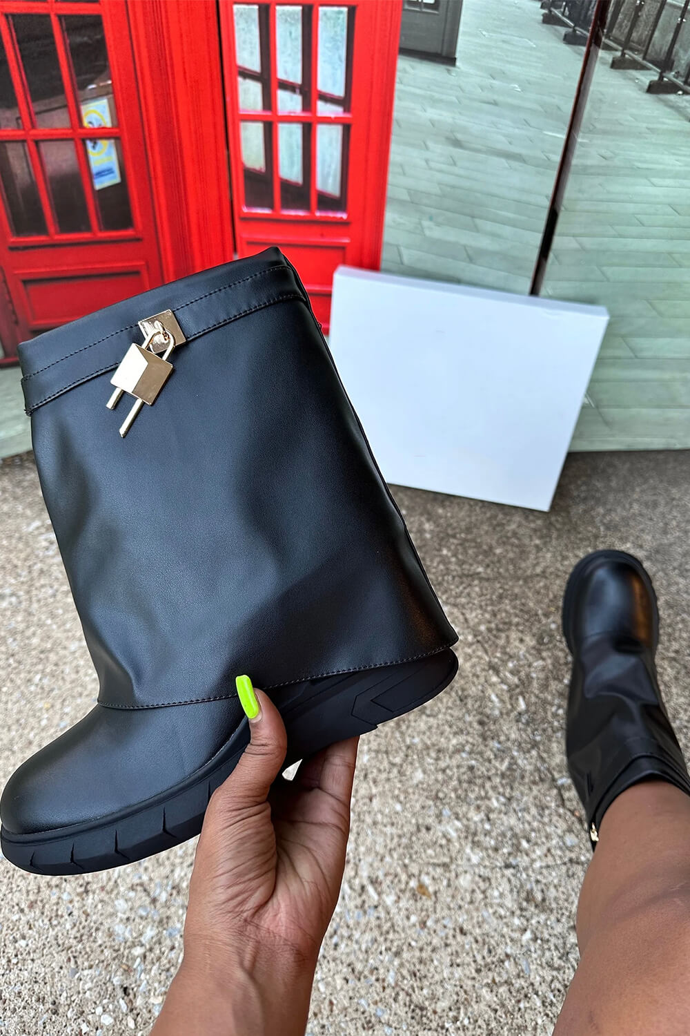 Grained Faux Leather Padlock Detail Folded Chunky Sole Biker Ankle Boots - Black