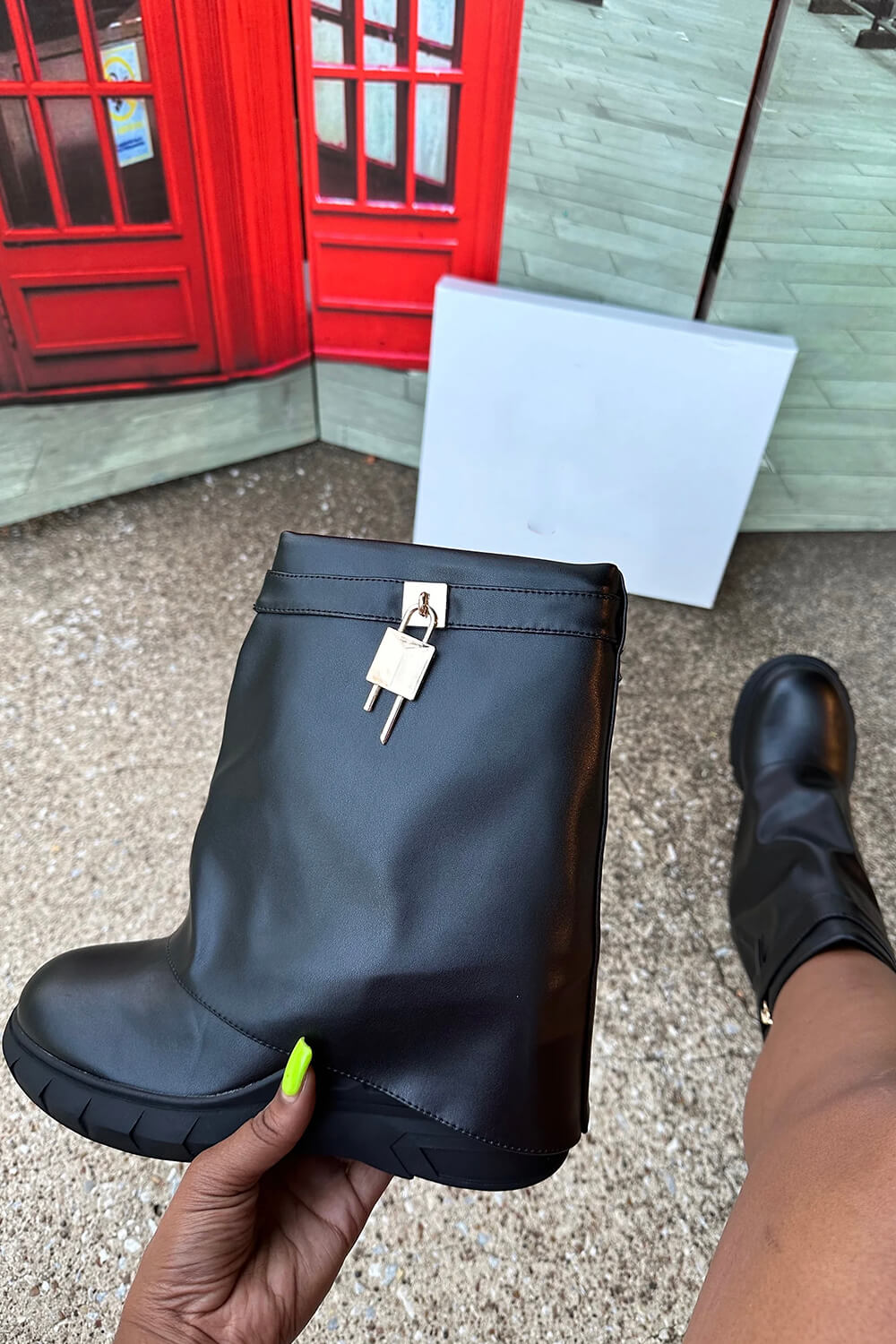 Grained Faux Leather Padlock Detail Folded Chunky Sole Biker Ankle Boots - Black