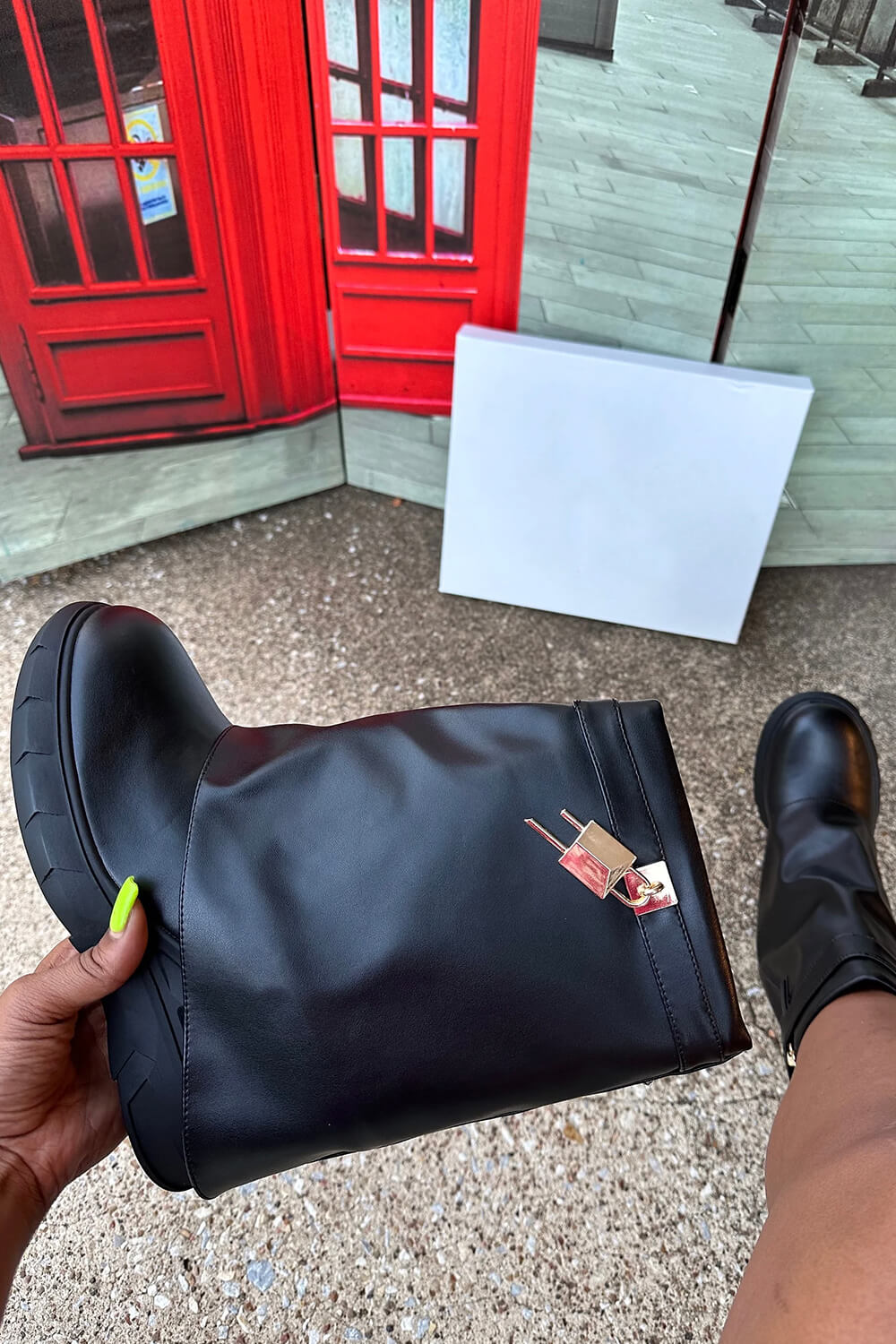 Grained Faux Leather Padlock Detail Folded Chunky Sole Biker Ankle Boots - Black