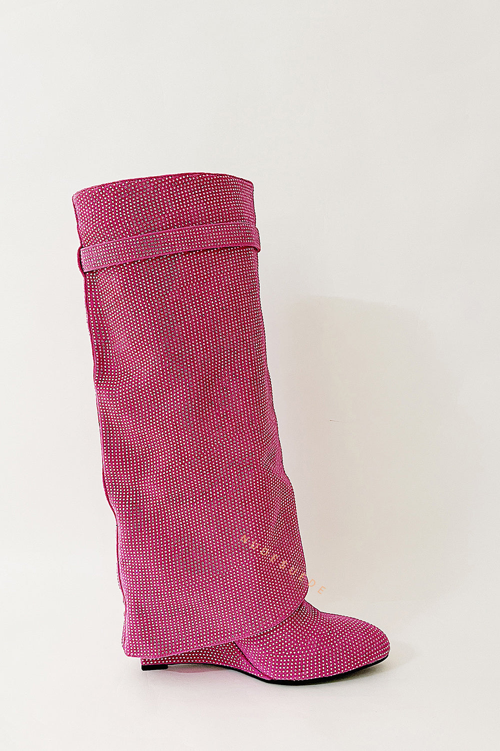 Gem Embellished Diamante Padlock Detail Folded Biker Knee High Boots - Pink