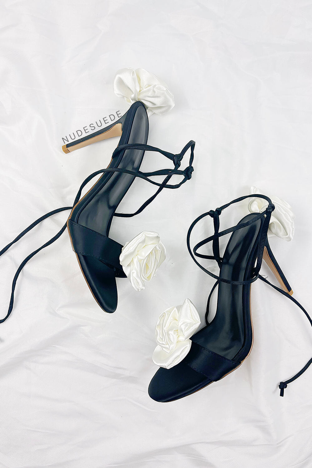 Ivory And Black flower Embellished Satin Lace Up Open Toe Stiletto Heels Sandals