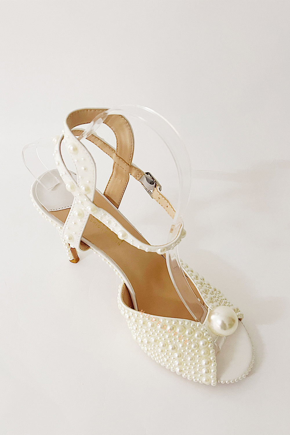 Pearl-Embellished Peep Toe Ankle Stiletto Heels