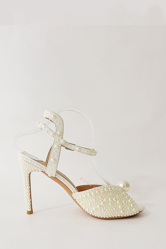 Pearl-Embellished Peep Toe Ankle Stiletto Heels