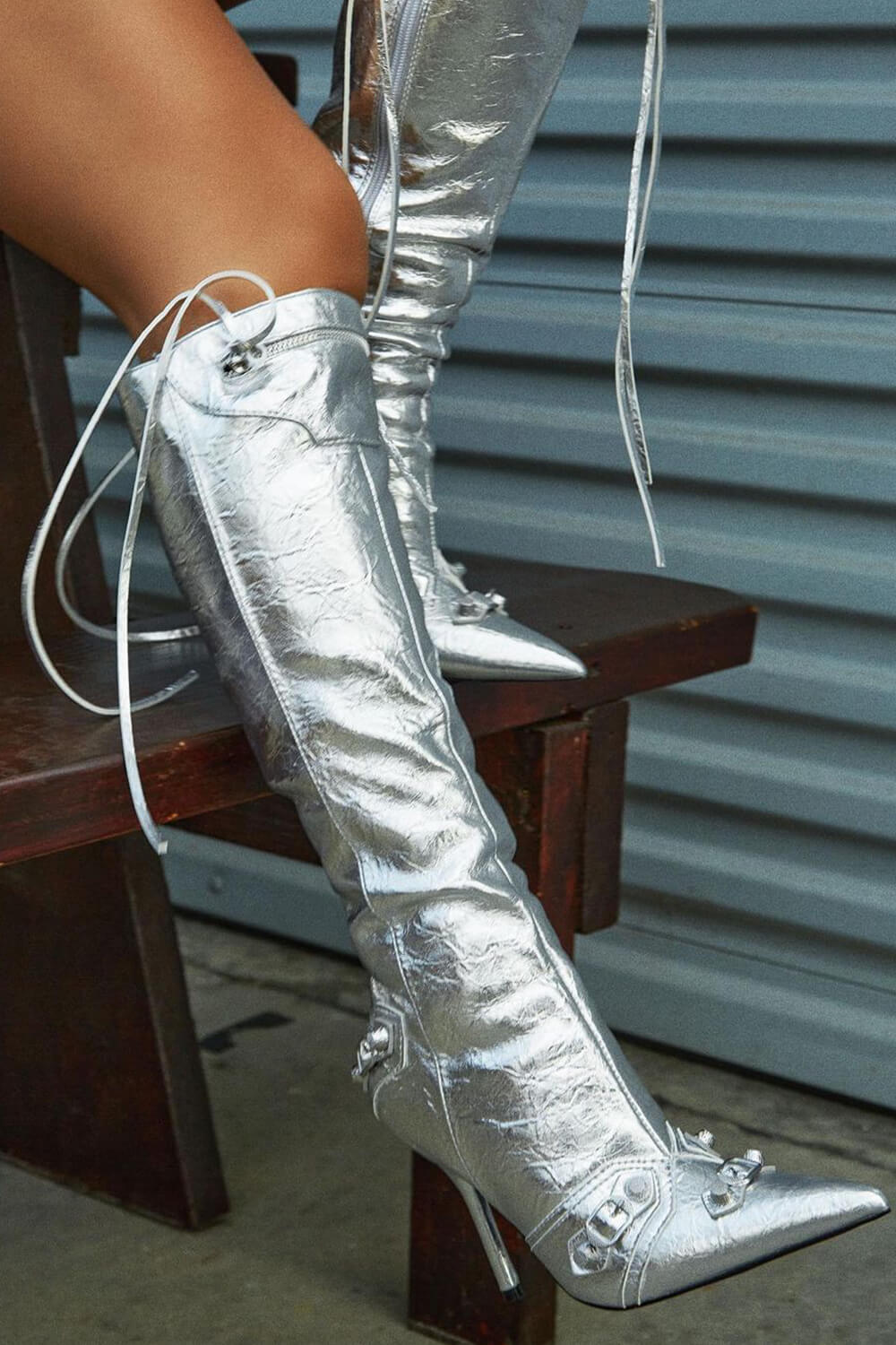 Metallic High Pointed Toe Stiletto Boots With Studs And Pin Buckle Strap Details - Silver