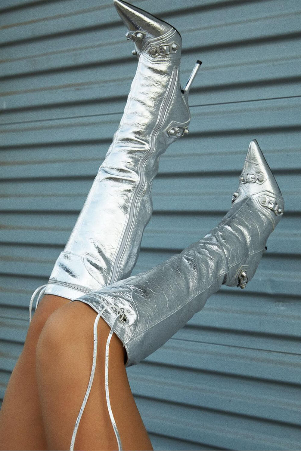 Metallic High Pointed Toe Stiletto Boots With Studs And Pin Buckle Strap Details - Silver