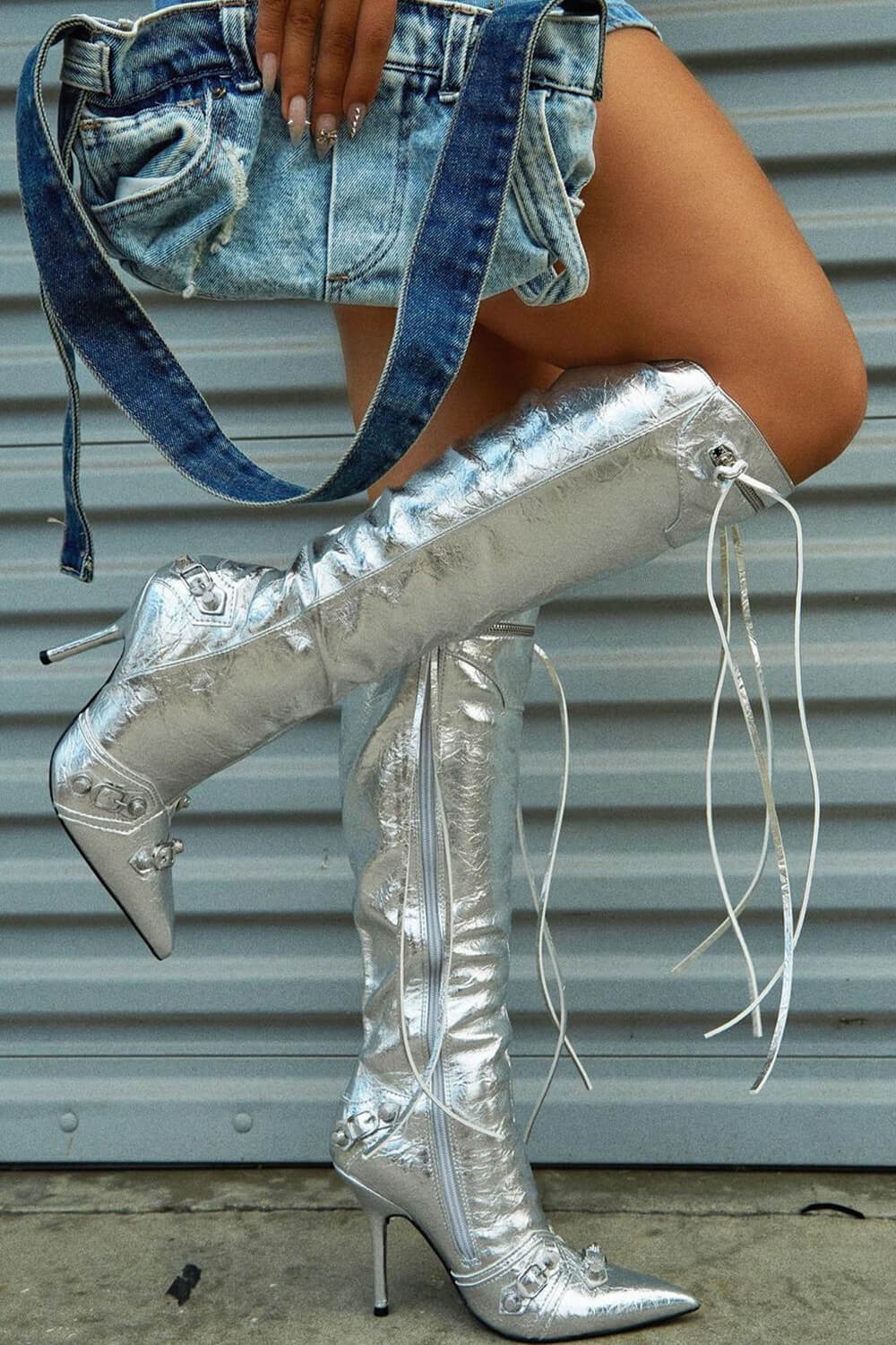 Metallic High Pointed Toe Stiletto Boots With Studs And Pin Buckle Strap Details - Silver