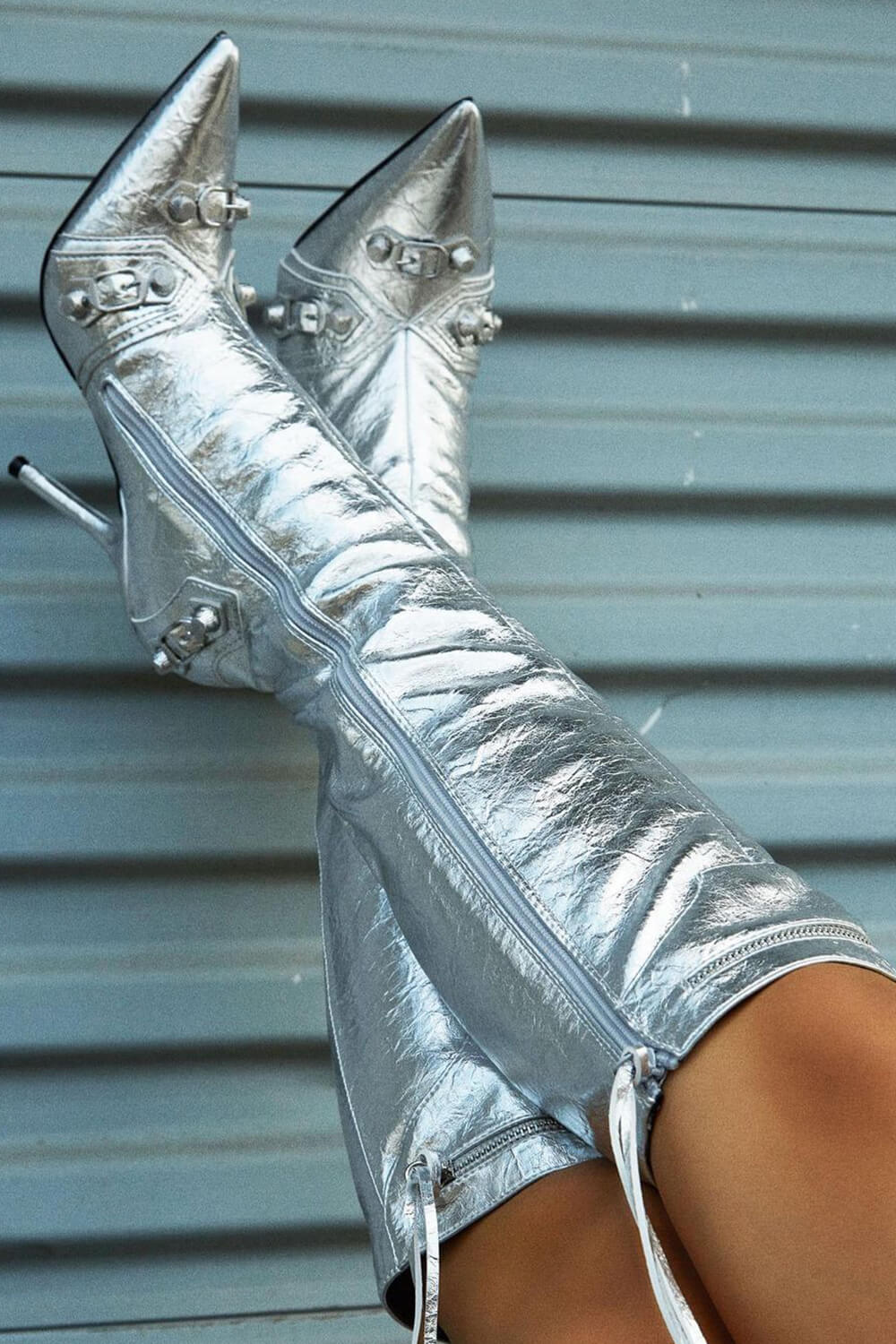 Metallic High Pointed Toe Stiletto Boots With Studs And Pin Buckle Strap Details - Silver