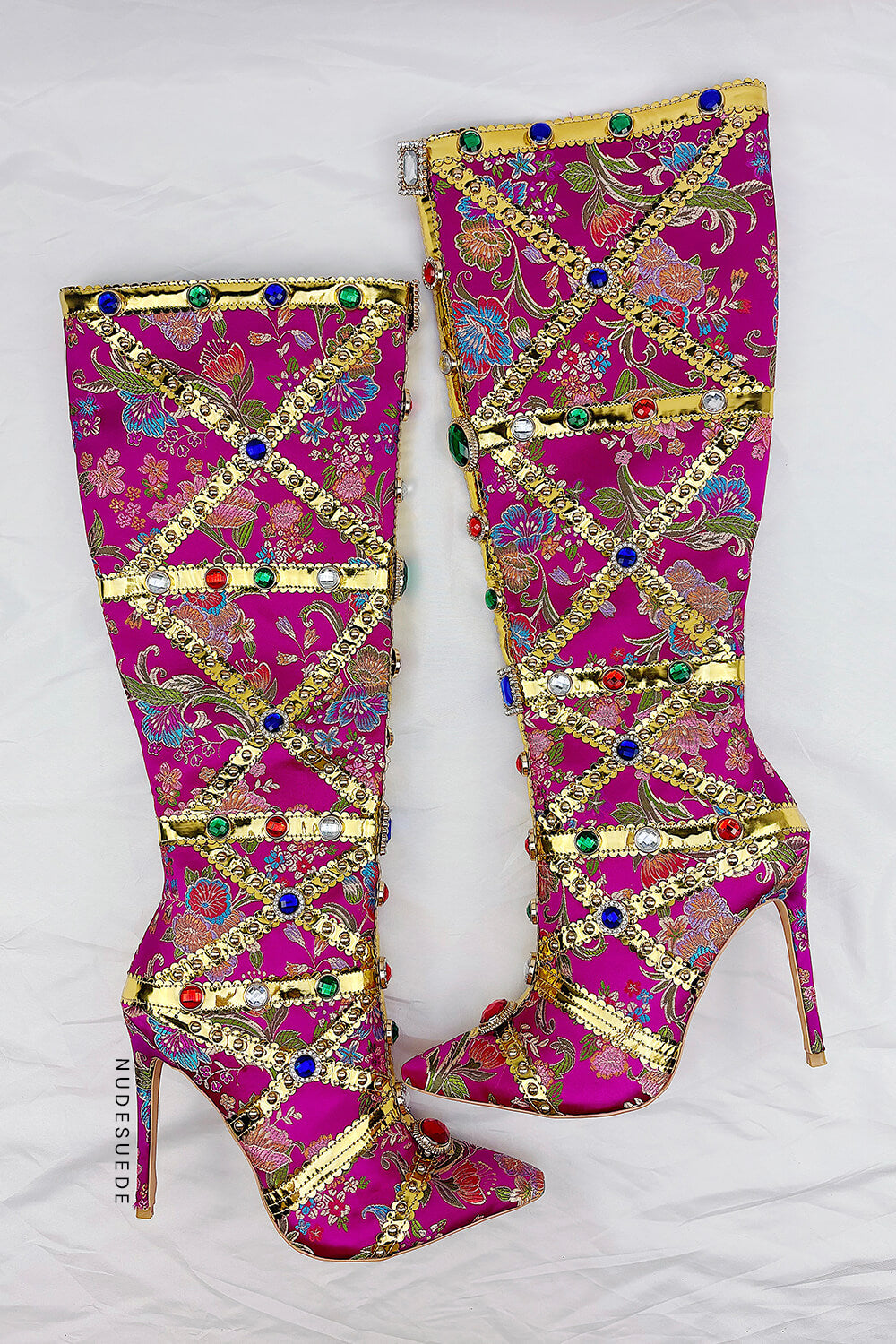 Floral Satin Gemstone-Embellished Pointed Toe Knee High Stiletto Boots - Pink
