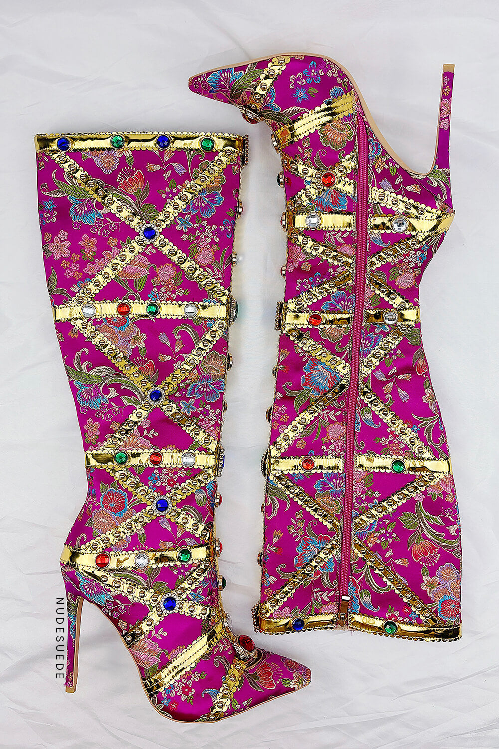 Floral Satin Gemstone-Embellished Pointed Toe Knee High Stiletto Boots - Pink