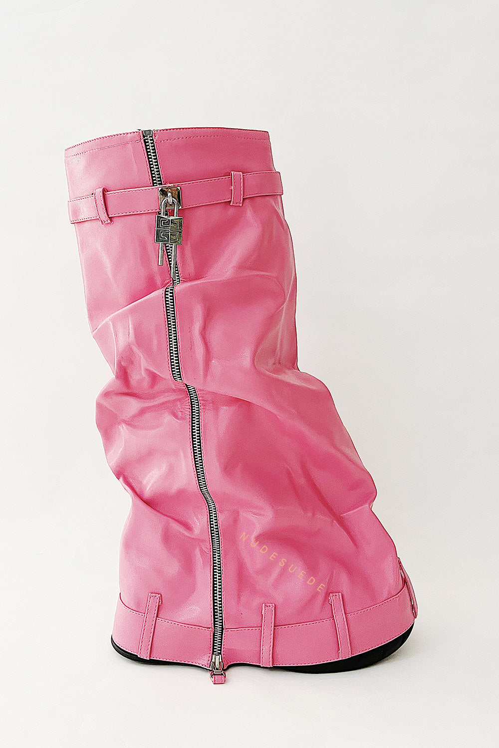 Wrapped Padlock Zip Detail Folded Knee High Wedge Chunky Biker Boots - Pink