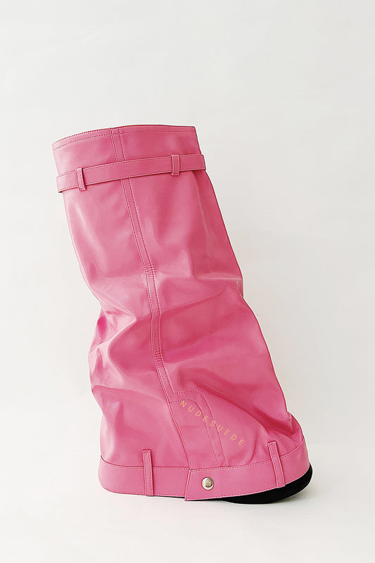 Wrapped Padlock Zip Detail Folded Knee High Wedge Chunky Biker Boots - Pink