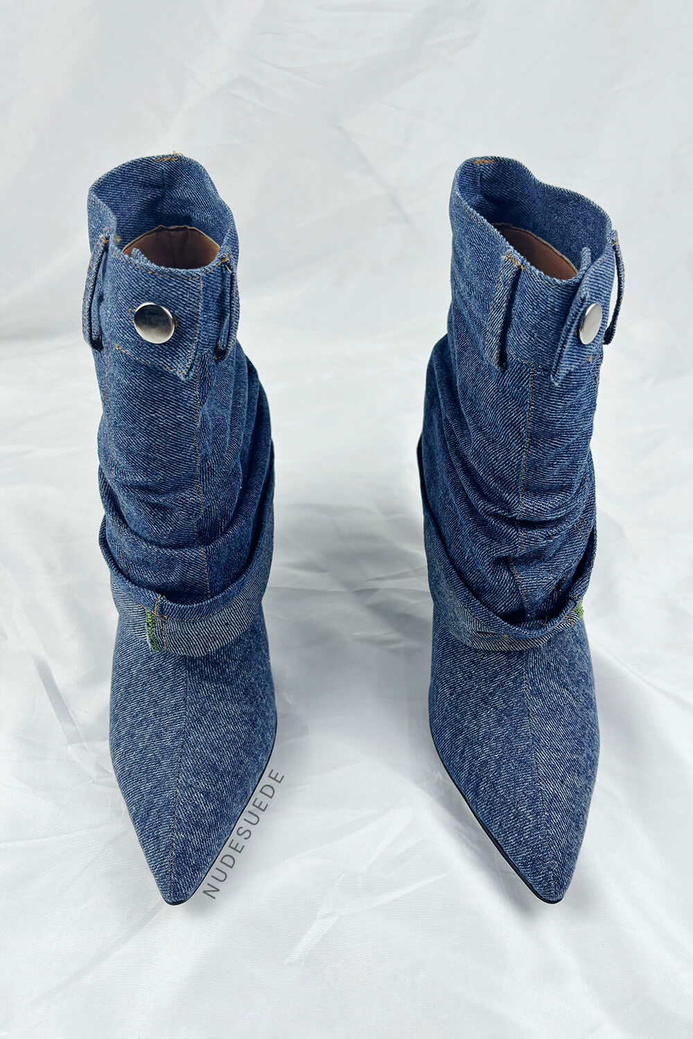 Denim Folded Mid Calf Pointed Toe Stiletto Heel Boots