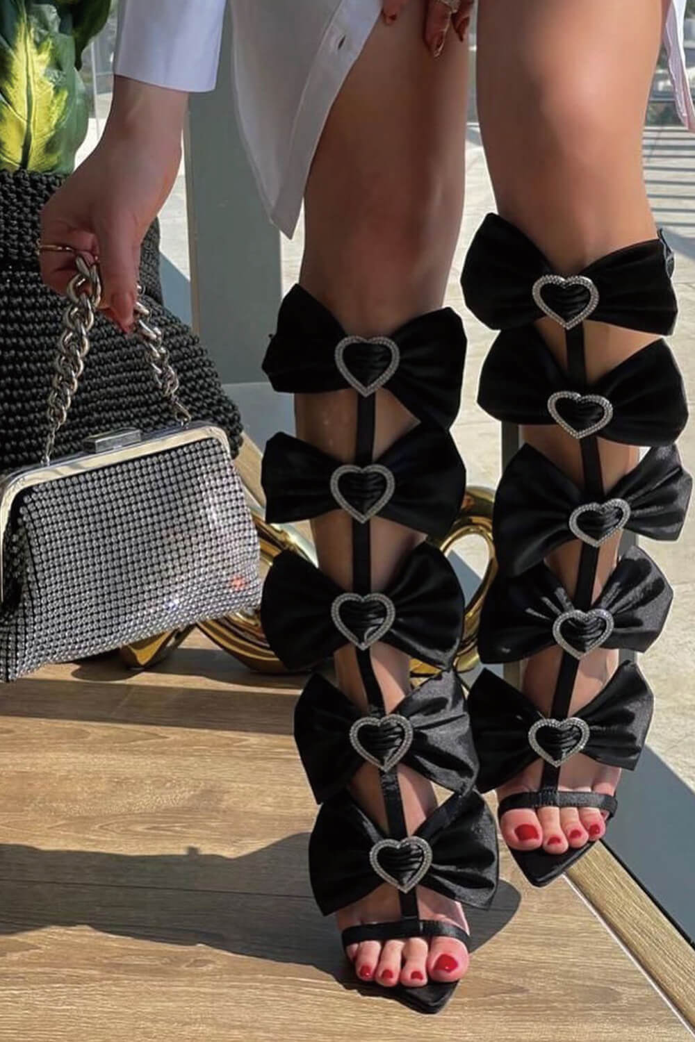Rhinestone Heart Embellished Satin Bow Strappy Pointed Toe Stiletto Heels