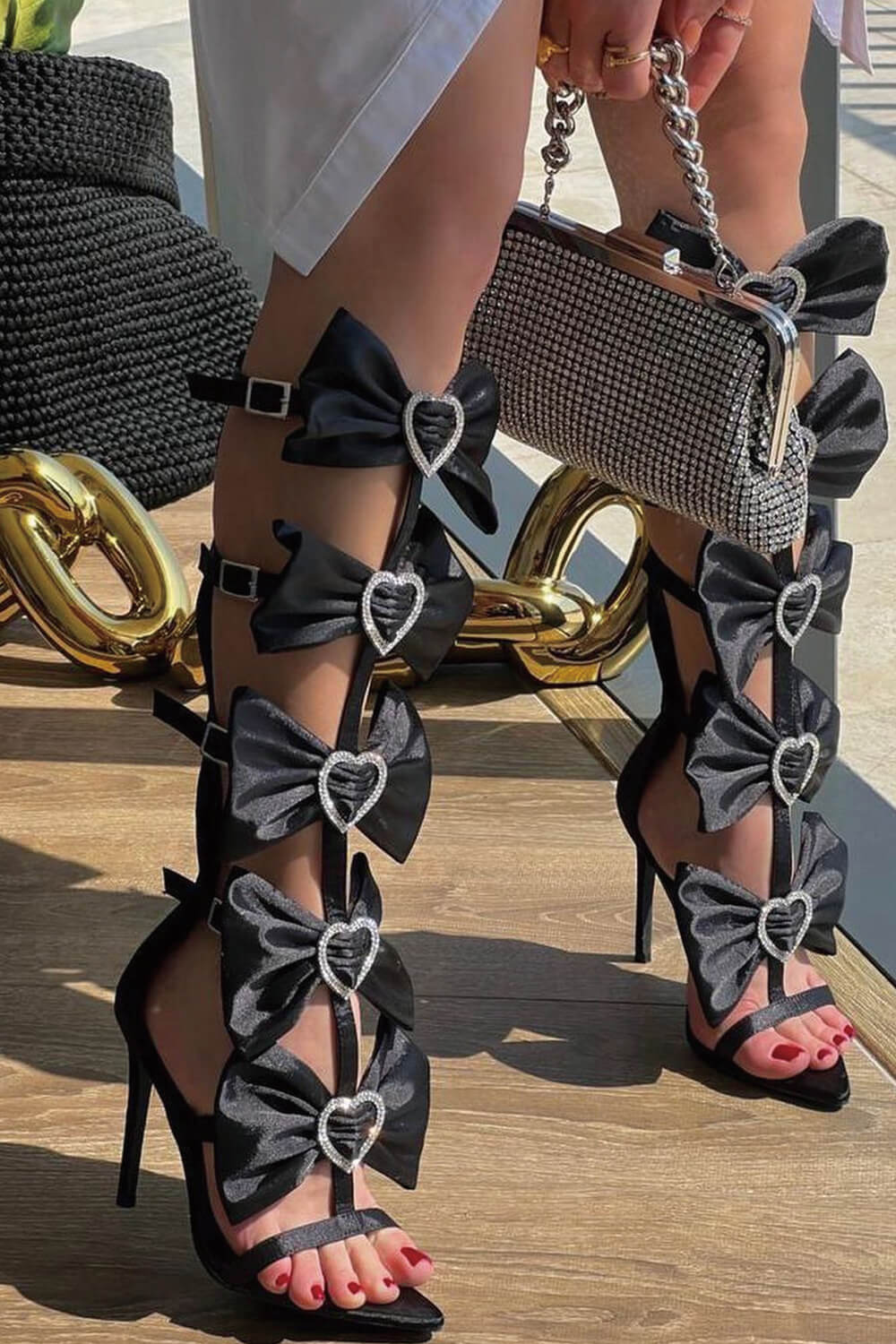 Rhinestone Heart Embellished Satin Bow Strappy Pointed Toe Stiletto Heels