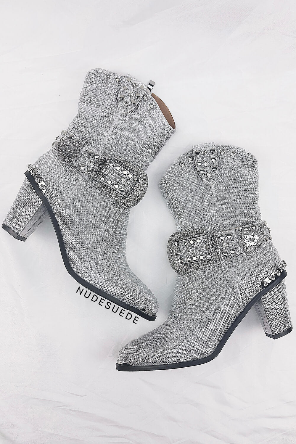 Shine Rhinestone Studded Block Heel Western Cowboy Ankle Boots - Silver
