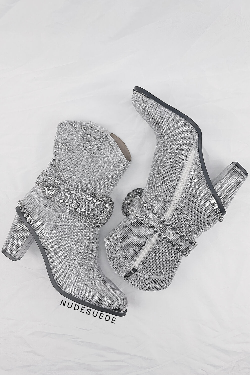 Shine Rhinestone Studded Block Heel Western Cowboy Ankle Boots - Silver