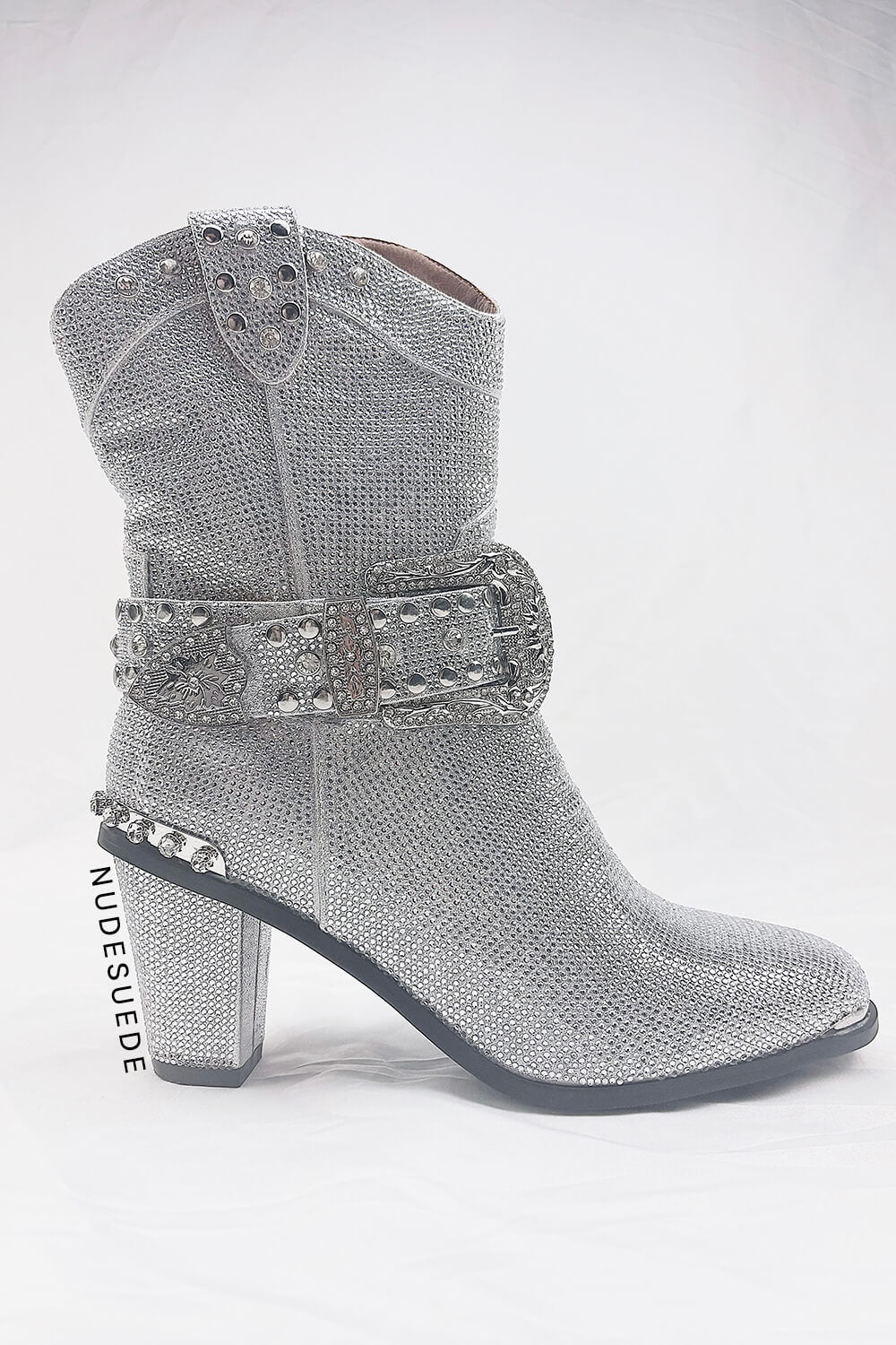 Shine Rhinestone Studded Block Heel Western Cowboy Ankle Boots - Silver