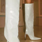 Faux Leather Folded Over Heeled Knee High Long Boots - Ivory