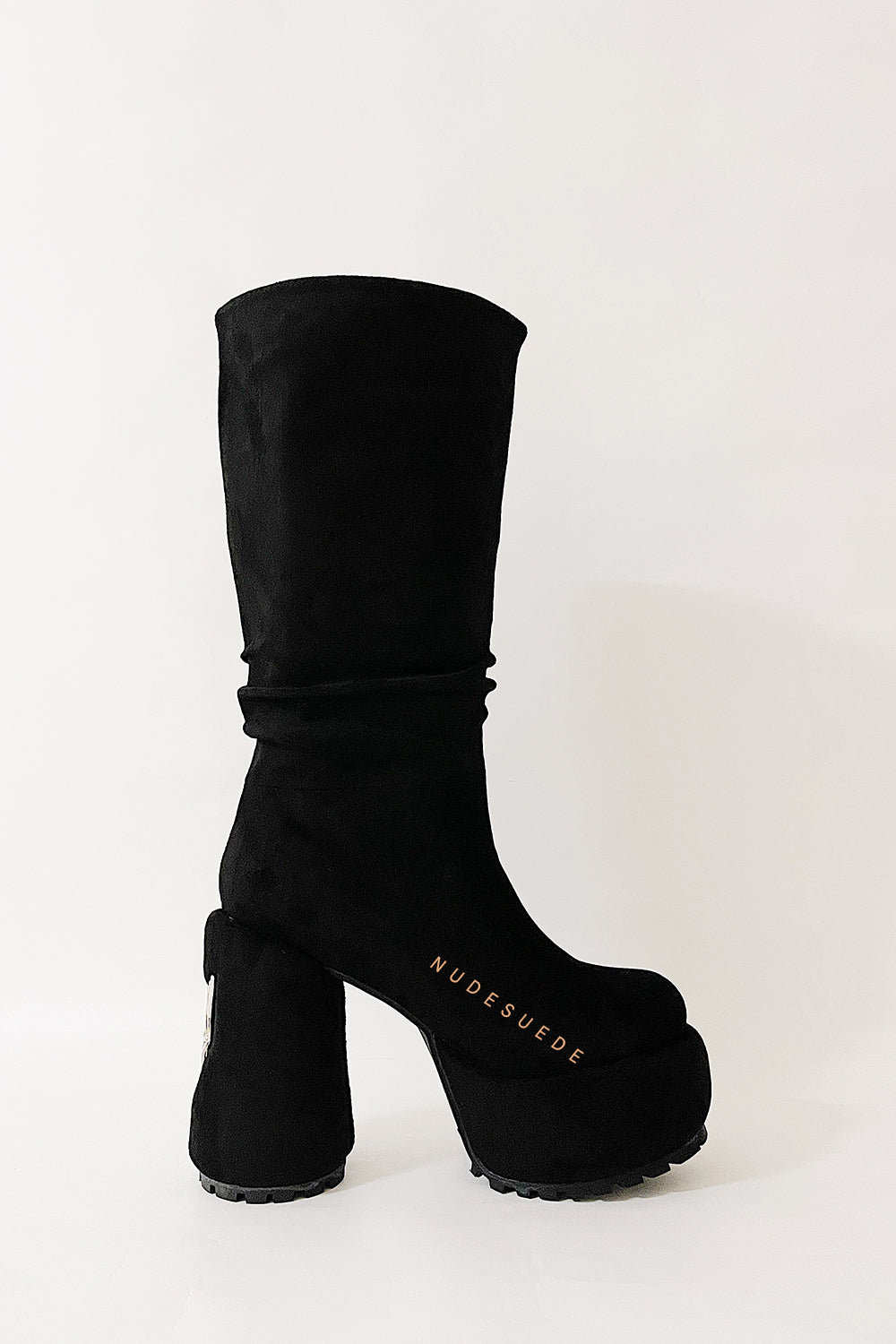 Faux Suede Ruched Round Toe Chunky Platform Block Heel Knee High Boot - Black