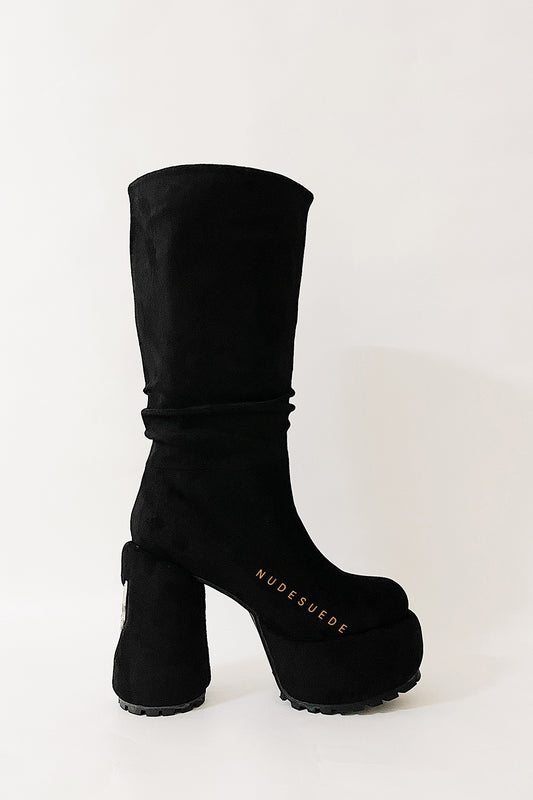 Faux Suede Ruched Round Toe Chunky Platform Block Heel Knee High Boot - Black