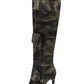 Multi Pocket Detail Pointed Toe Stiletto Heel Knee High Long Boot - Camo Print