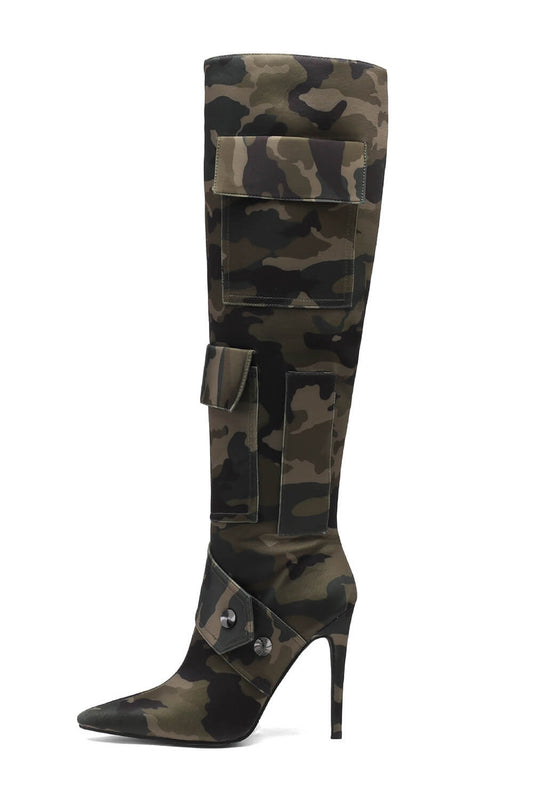 Multi Pocket Detail Pointed Toe Stiletto Heel Knee High Long Boot - Camo Print