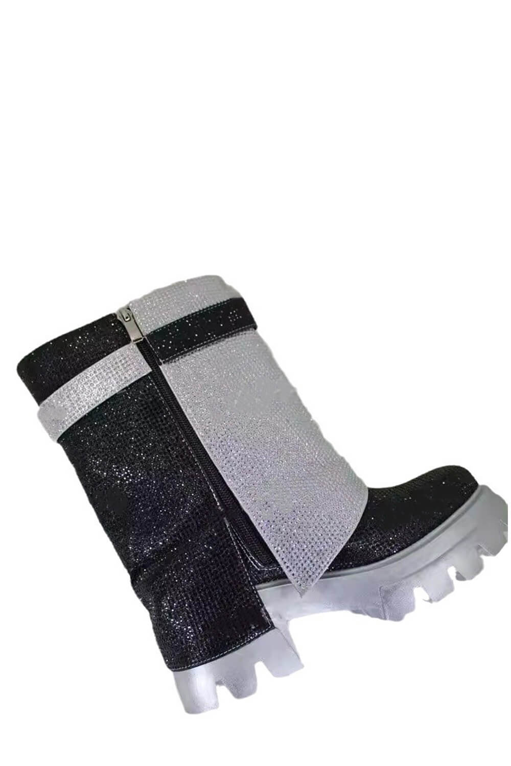 Diamante Color Block Foldover Mid Calf Flatform Chunky Boots - Black Silver