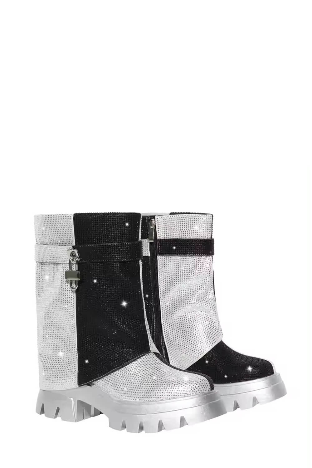 Diamante Color Block Foldover Mid Calf Flatform Chunky Boots - Black Silver