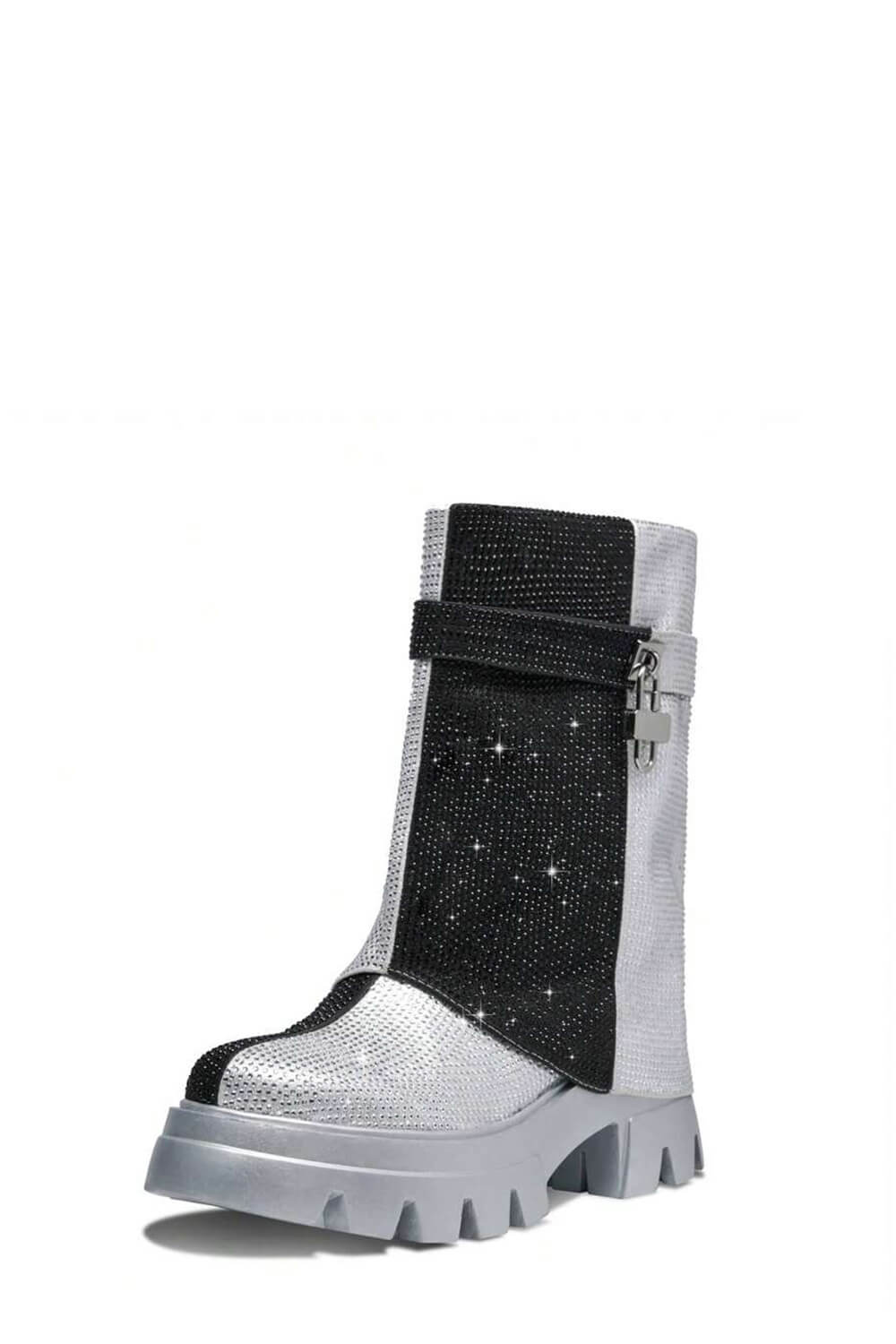 Diamante Color Block Foldover Mid Calf Flatform Chunky Boots - Black Silver