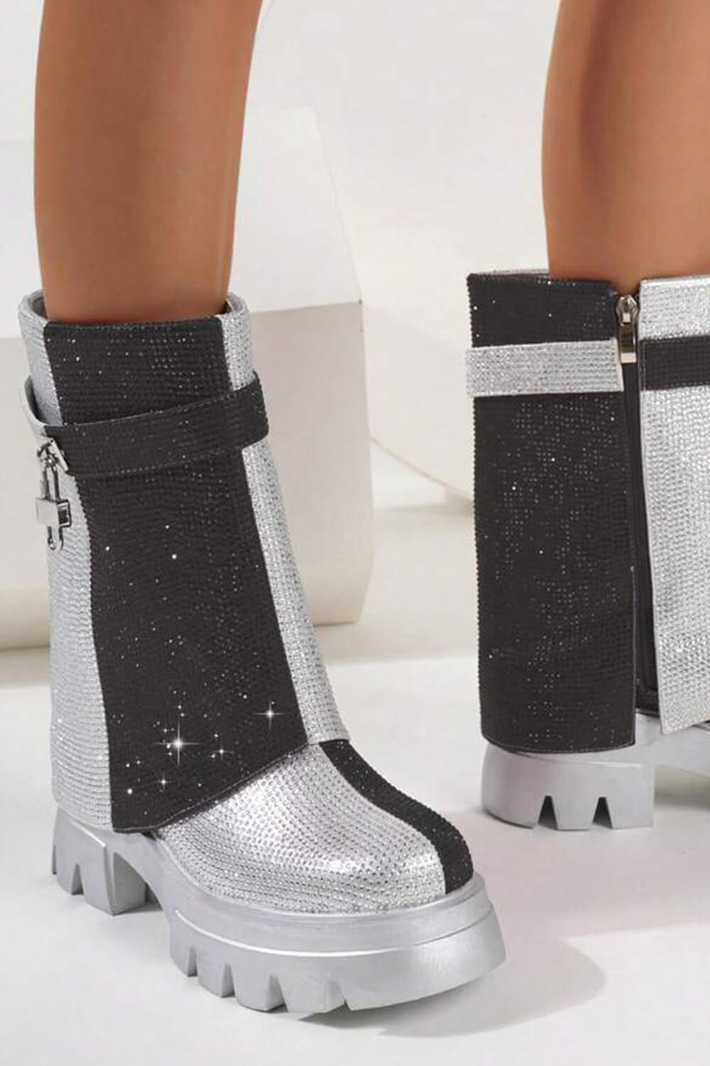 Diamante Color Block Foldover Mid Calf Flatform Chunky Boots - Black Silver