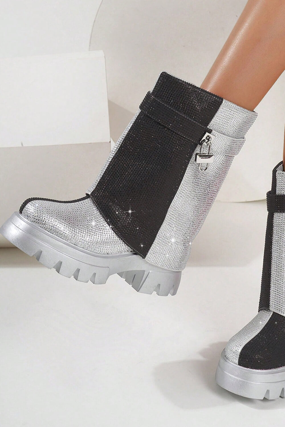 Diamante Color Block Foldover Mid Calf Flatform Chunky Boots - Black Silver