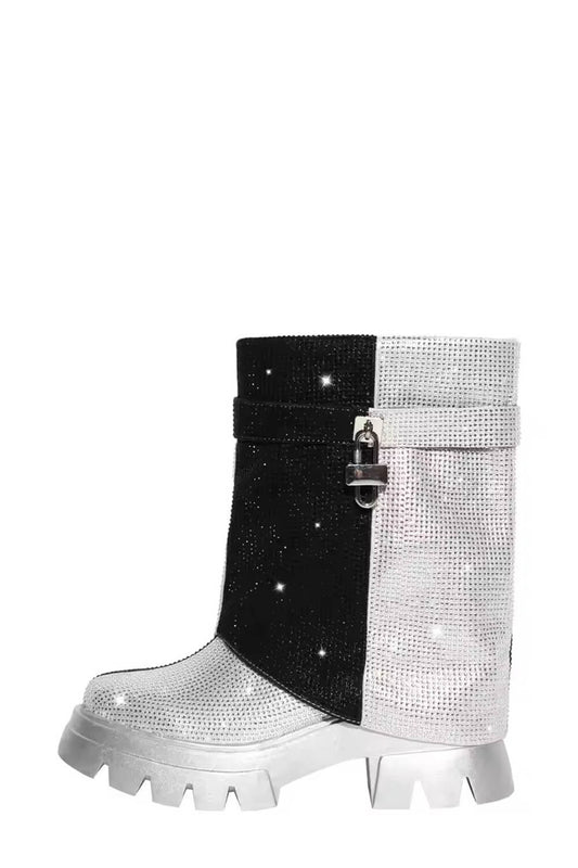 Diamante Color Block Foldover Mid Calf Flatform Chunky Boots - Black Silver