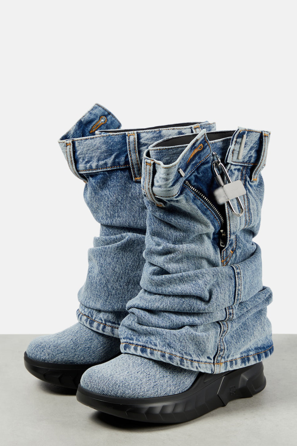 Lock Detail Denim Folded Chunky Sole Biker Ankle Boots - Blue