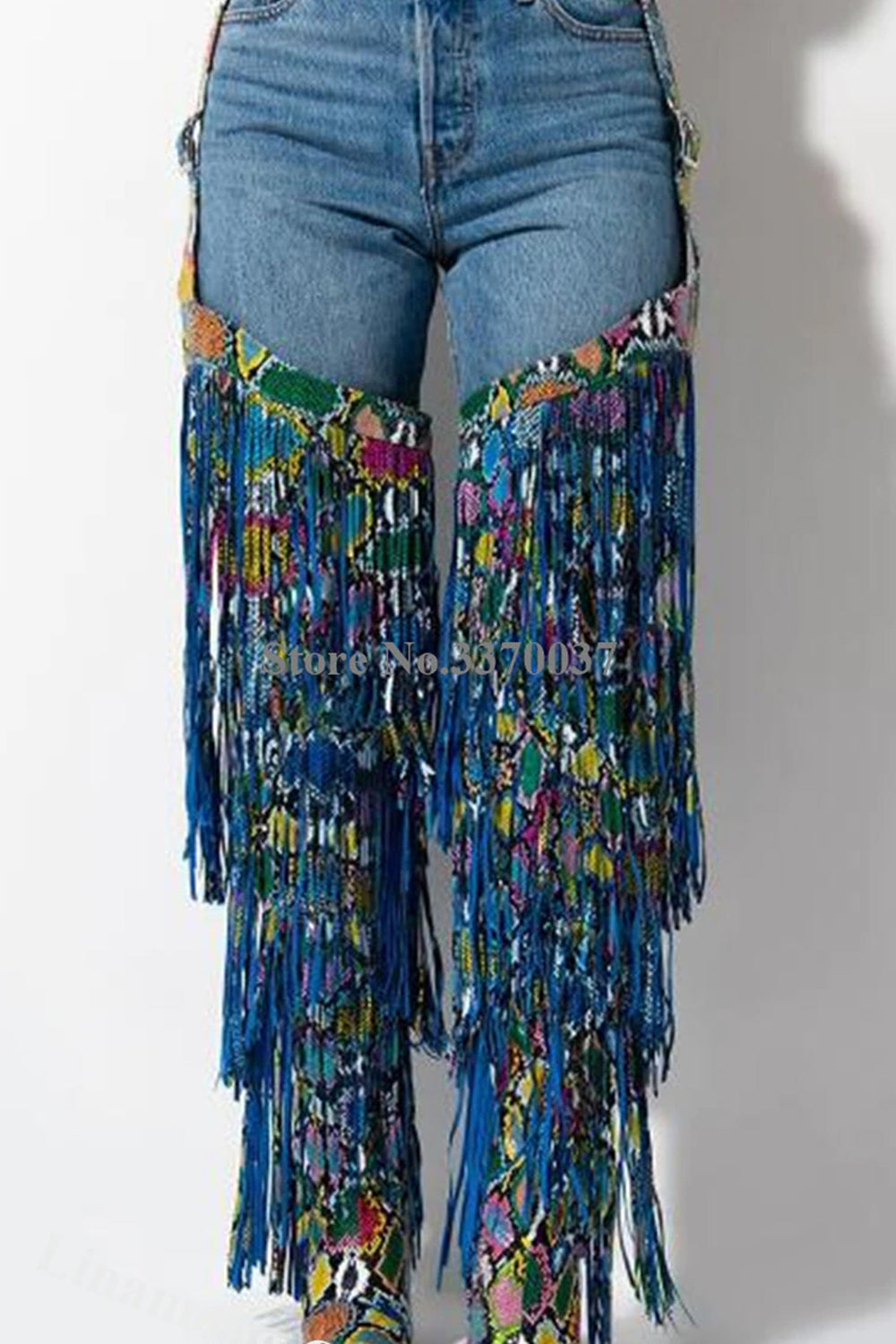 Faux Suede Belted Fringe Thigh High Stiletto Boots - Snake Print