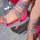 Coil Strap Square Toe Ankle Stiletto Heels - Hot Pink