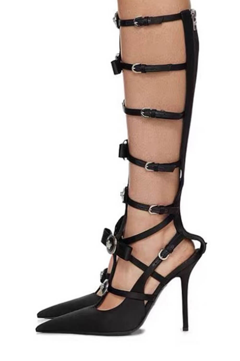 Bow Ribbon Cage Strap Knee High Pointed Toe Stiletto Heels