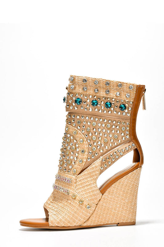 Rhinestone Gem-Embellished Raffia Wedge Heel Ankle Sandals