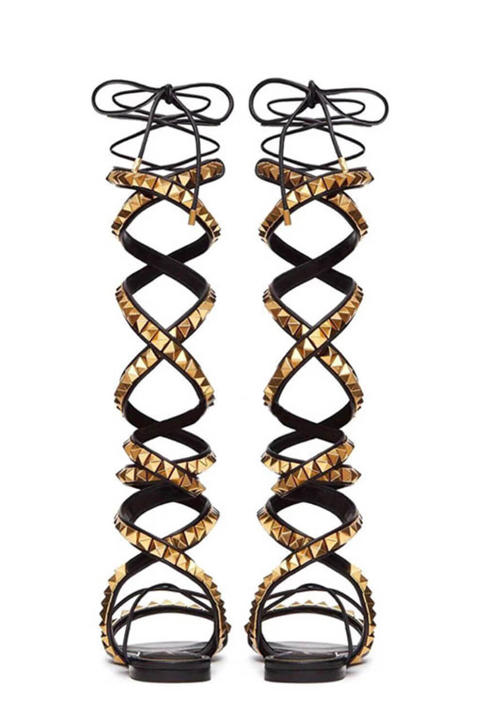 Faux Leather Lace Up Rockstud Flat Gladiator Sandals - Black