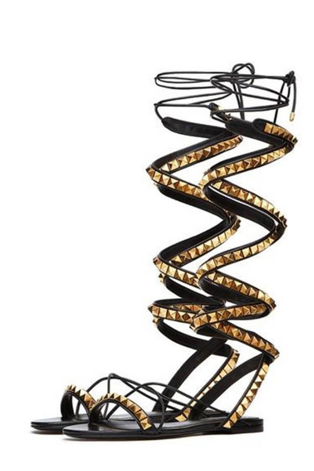 Faux Leather Lace Up Rockstud Flat Gladiator Sandals - Black