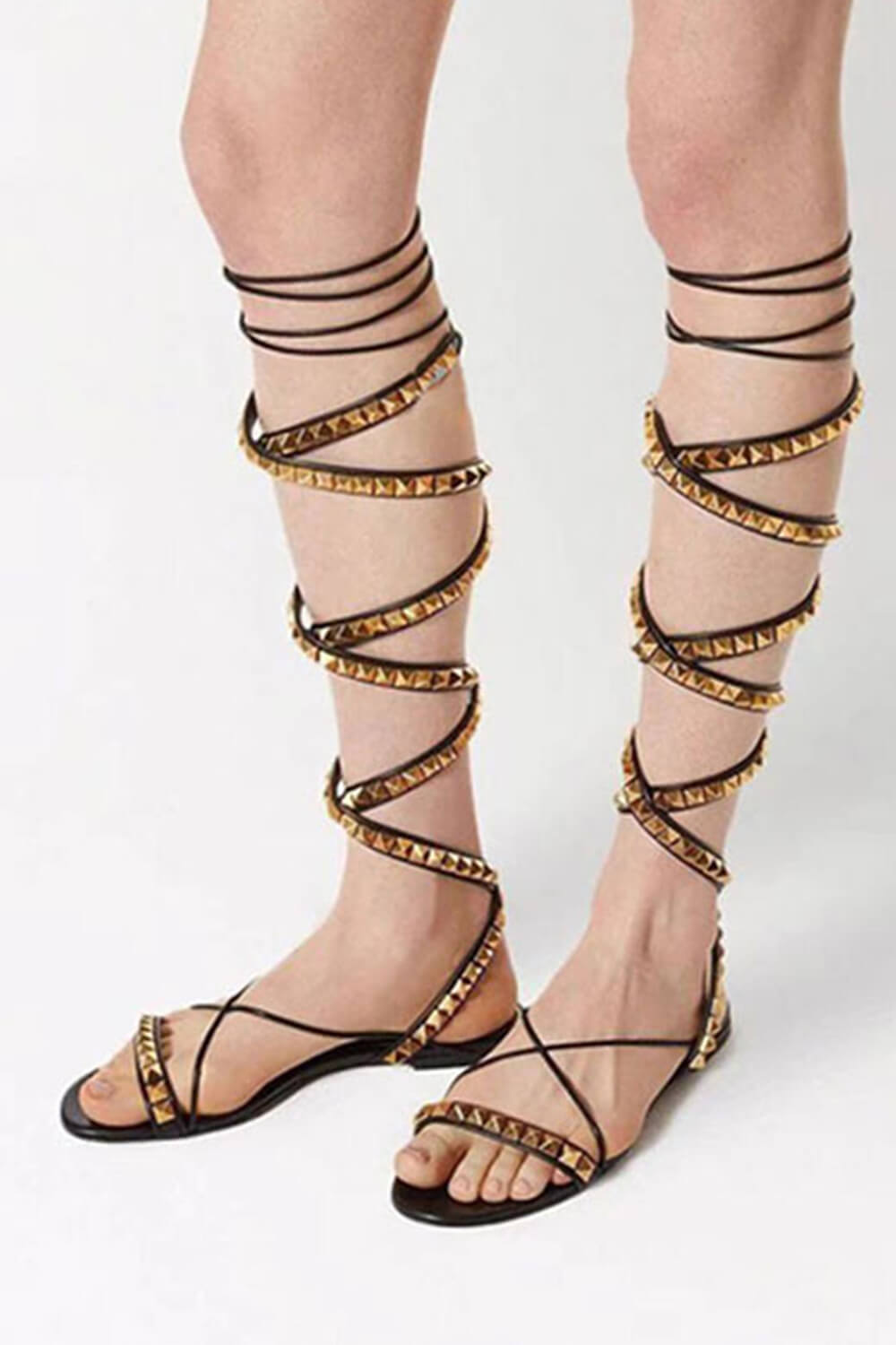 Faux Leather Lace Up Rockstud Flat Gladiator Sandals - Black